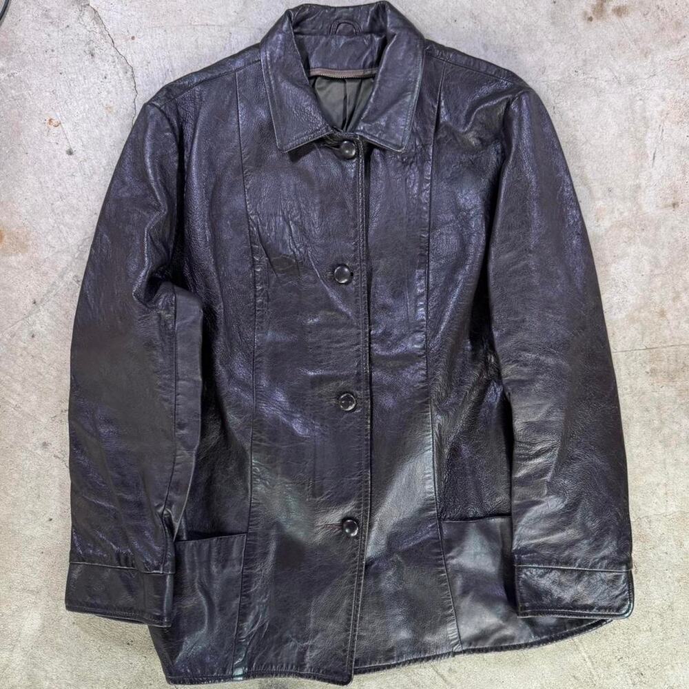 True vintage 1960s brown leather brown heavy button up size L USA